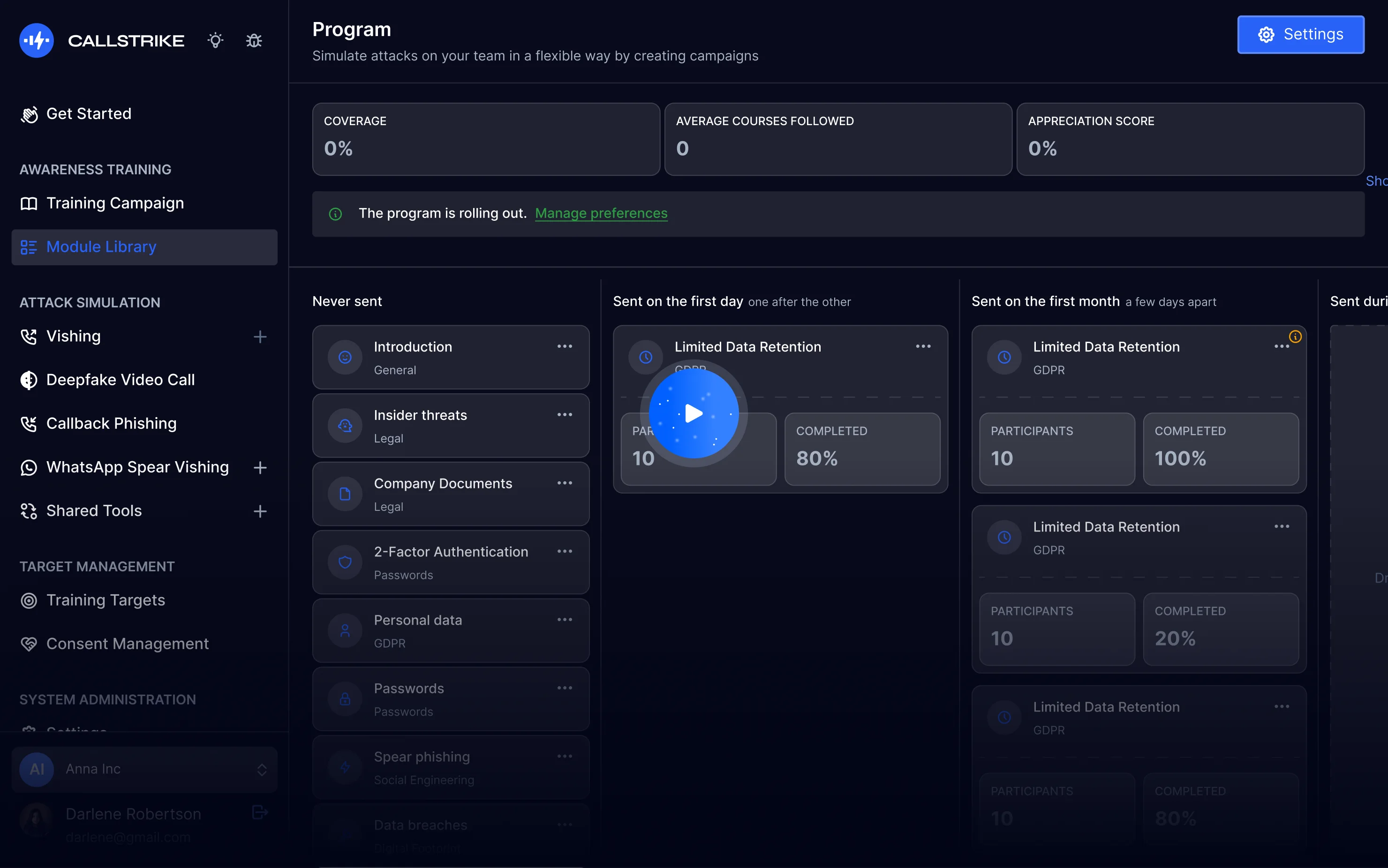 Callstrike Deepfake Awareness Training dashboard
