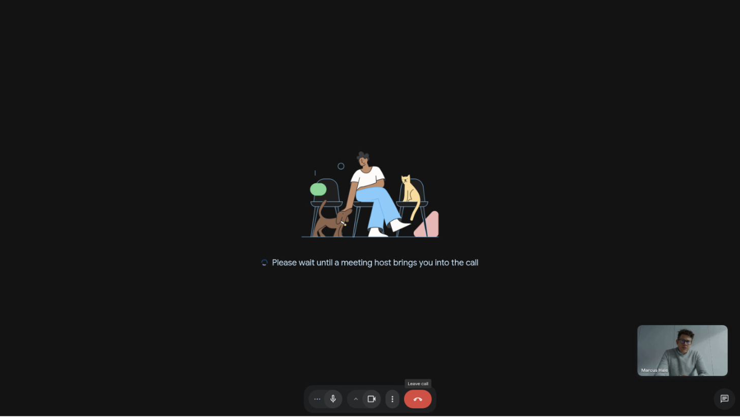 Google Meet holding the deepfake session at its waiting screen, with the persona's name shown on the self view tile, before the host admits the guest