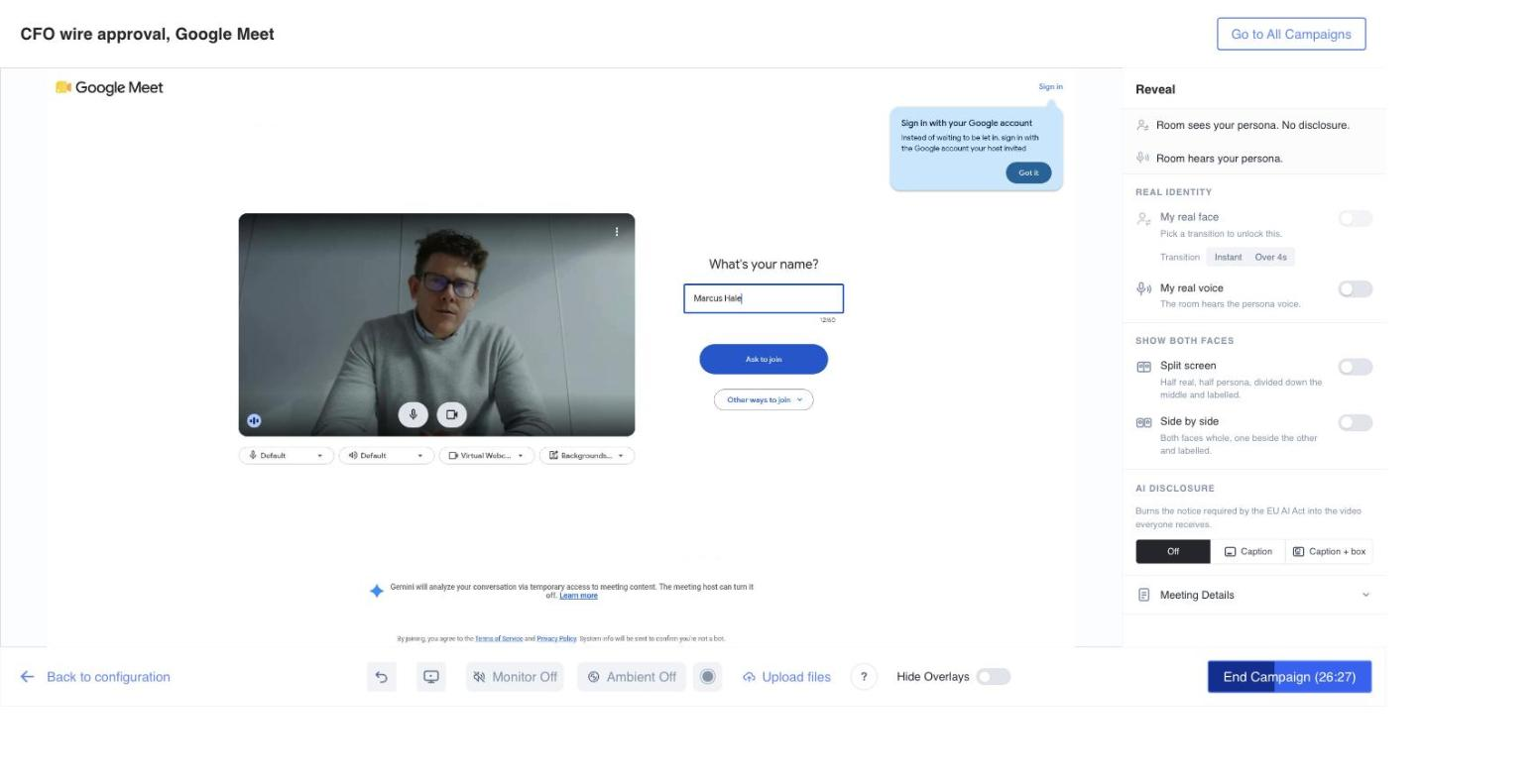 Google Meet asking a guest for a name before letting them request entry, with the persona's name typed in and the swapped face already showing in the camera preview